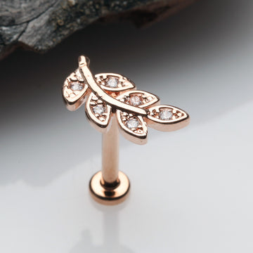 Detail View 1 of Rose Gold Dainty Leaflet Sparkle Interally Threaded Labret-Clear Gem